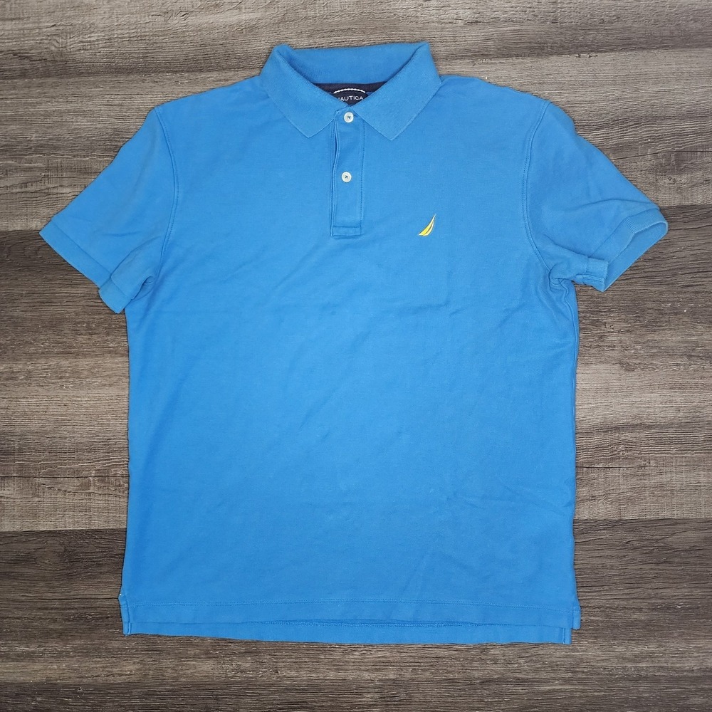 Nautica Mens Blue Short Sleeve Pique Polo Shirt Yellow Logo Size Medium